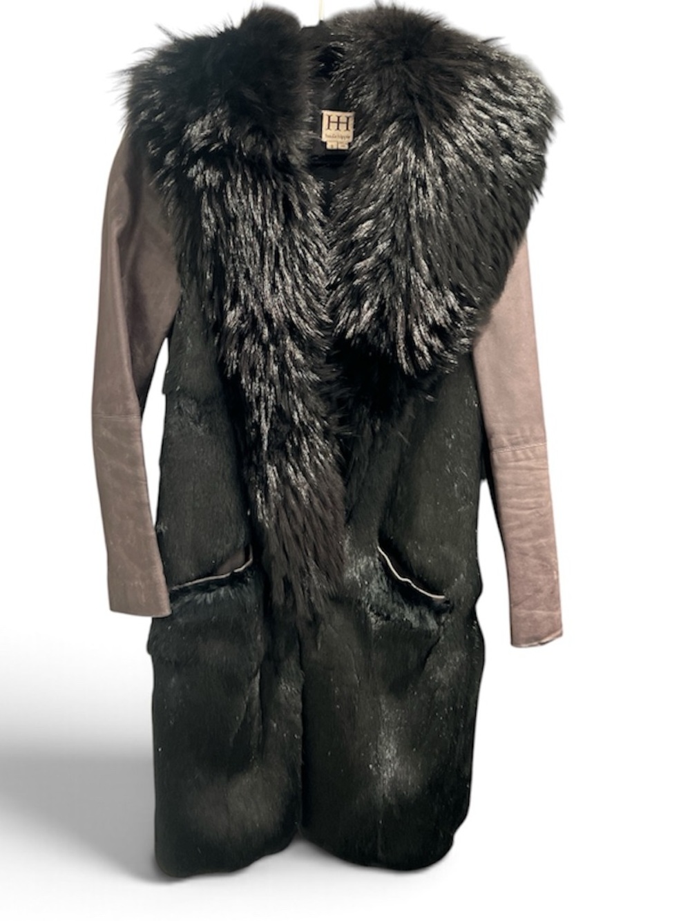 Haute Hippie Black Fur-Trim Coat with Gray Back and Sleeves